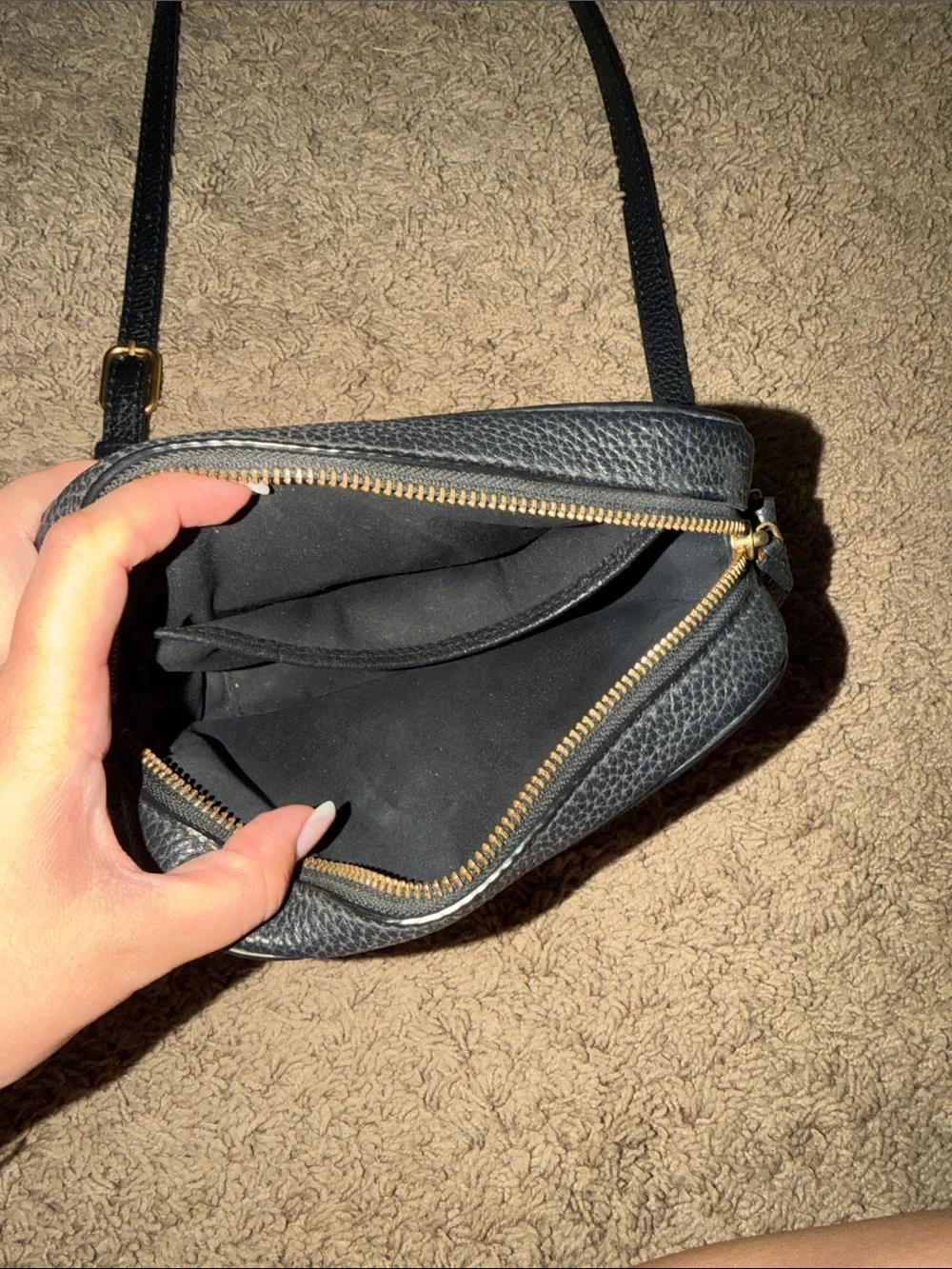 Tory Burch Black Pebbled Leather Camera Crossbody with Gold Hardware